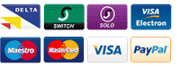 Vi aksepterer følgende typer kort: Visa, MasterCard, Delta, Maestro. PayPal er vår samarbeidspartner